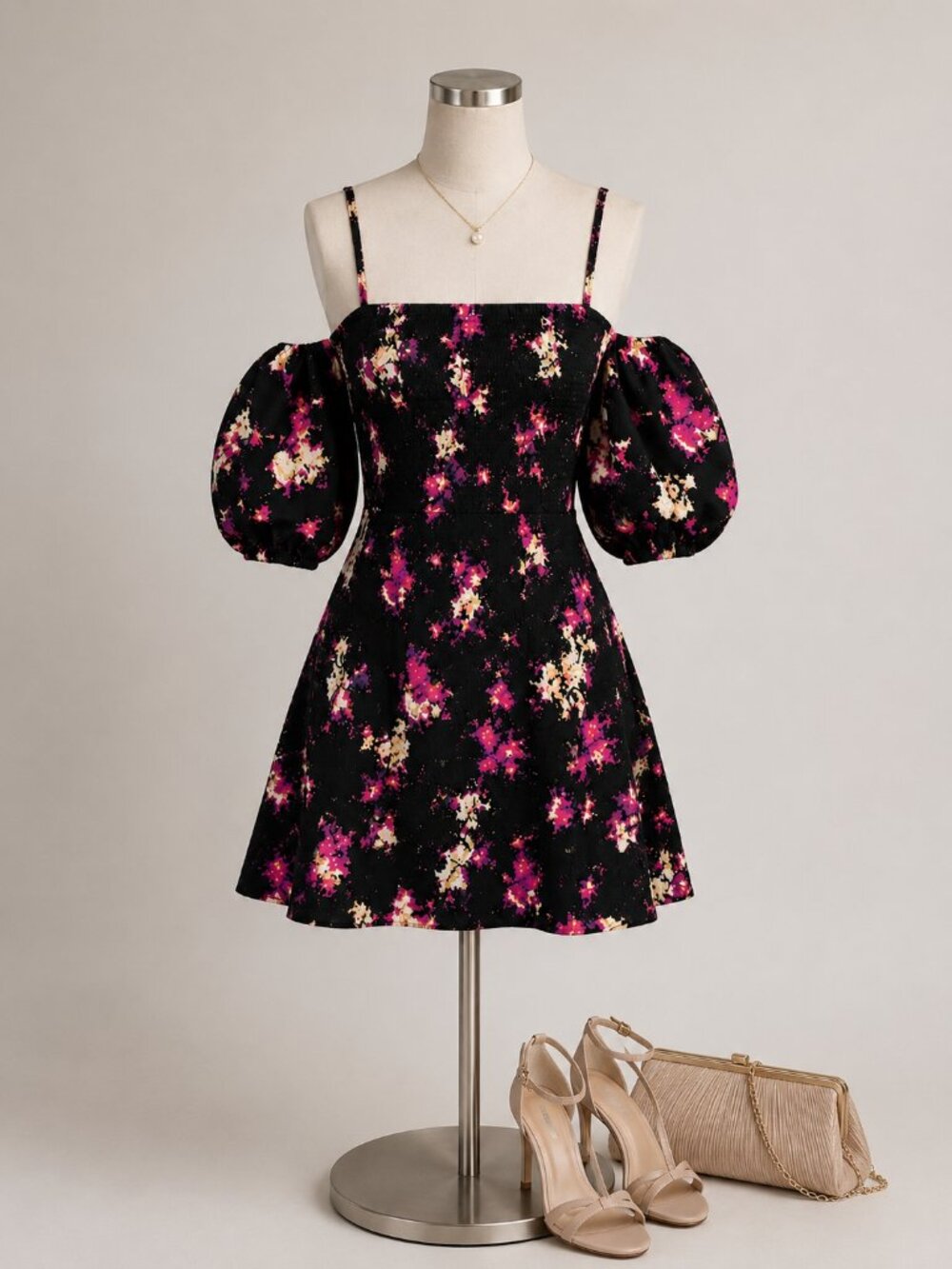 DKNY Dress XS NWT Black Pink Floral Smocked Puff Sleeve Mini Dress XS MSRP $139